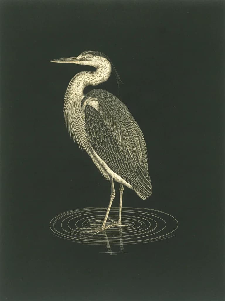 An engraved-style portrait of a heron standing in shallow water, its head turned fully backward, gazing at its own wake.