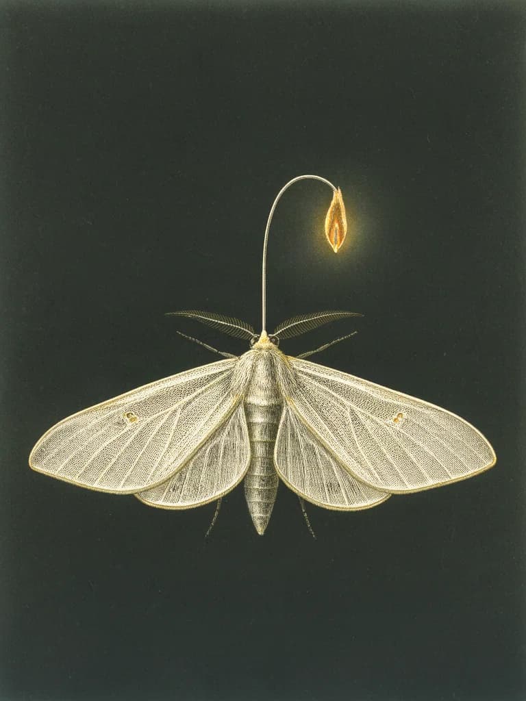 An engraved-style portrait of a moth with a long curved stalk rising from its head, holding a small flame in front of its face, wings spread against a dark background.