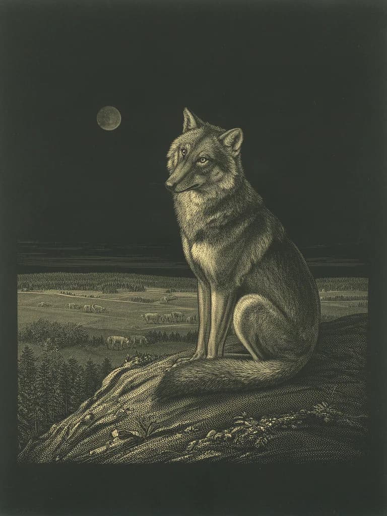An engraved-style portrait of a wolf seated on a hilltop, tail wrapped over its feet, looking down at a distant valley.